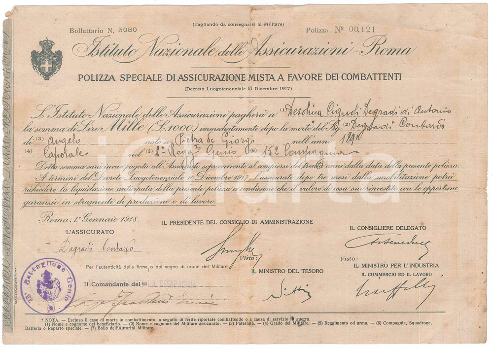 Oggetto da collezione cartaceo 1918 WW1 ISTITUTO NAZIONALE ASSICURAZIONI Polizza speciale cap. Contardo DEGRADI 1
