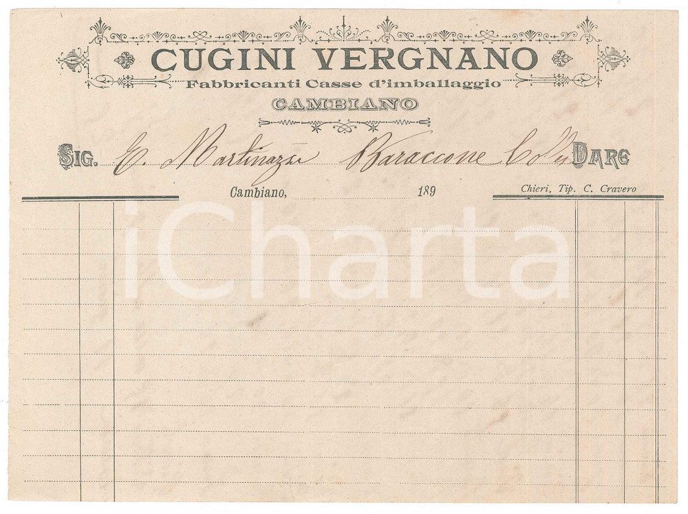 Documento originale, autentico 1890 ca CAMBIANO TO Cugini VERGNANO Casse da imballaggio  Carta intestata 1