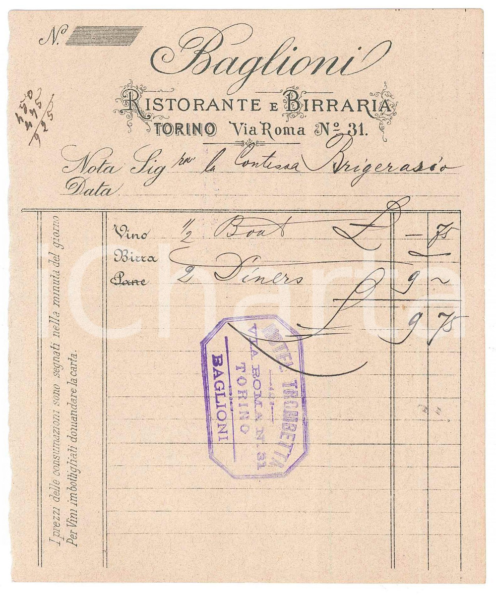 Documento originale, autentico 1900 ca TORINO via Roma 31  BAGLIONI Ristorante e Birraria  Conto 1