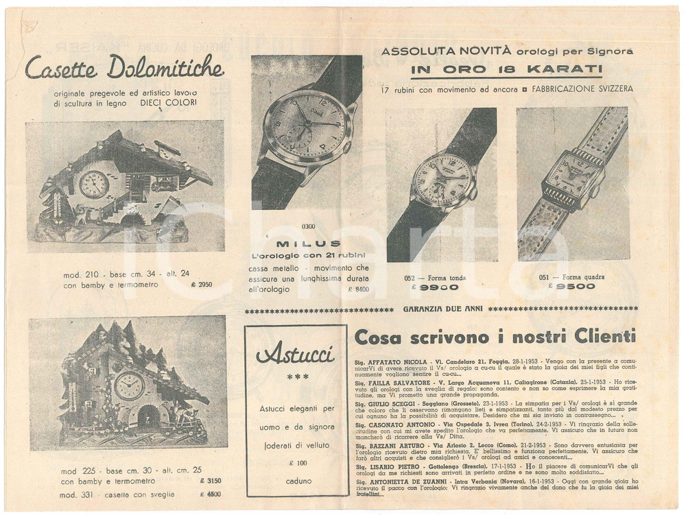 1955 ca TORINO Via Nizza OROLOGI BECO Catalogo orologi a cucÃ¹ INCOMPLETO Catalogo illustrato d'epoca.Incompleto delle pagine iniziali. PAGINE: 8   POOR/danneggiato bruniture, strappo e mancanza all'angolo superiore sinistro Formato: 30x22 cm originale e autentica 1