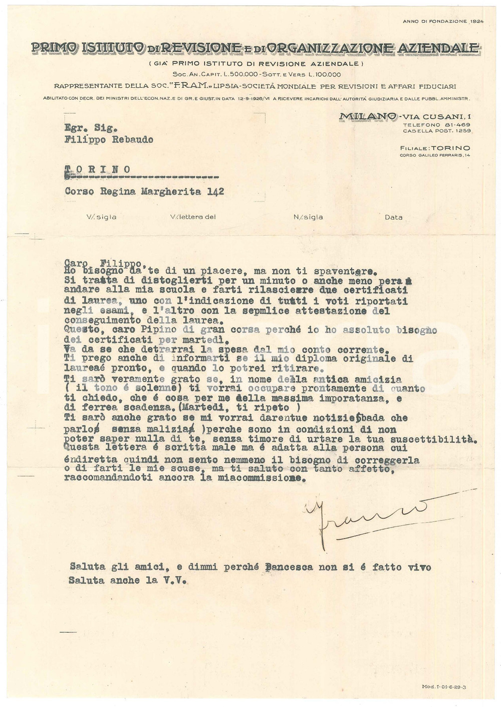 Manoscritto, lettera originale 1930 ca MILANO  Primo Istituto Revisione Organizzazione Aziendale  Lettera 1