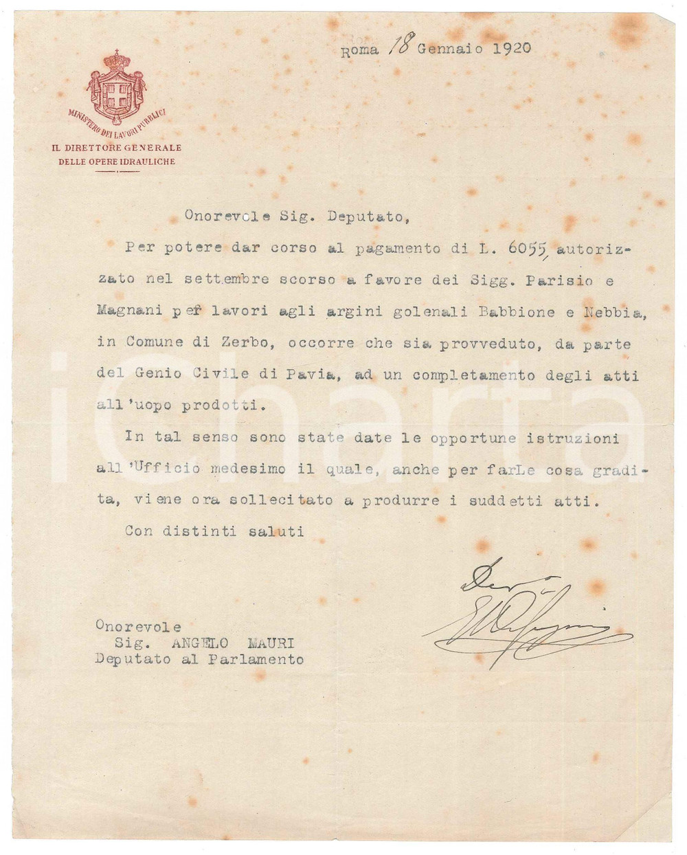 Autografo originale 1920 ROMA Francesco Ettore DE GREGORIO Direttore Opere Idrauliche  AUTOGRAFO 1