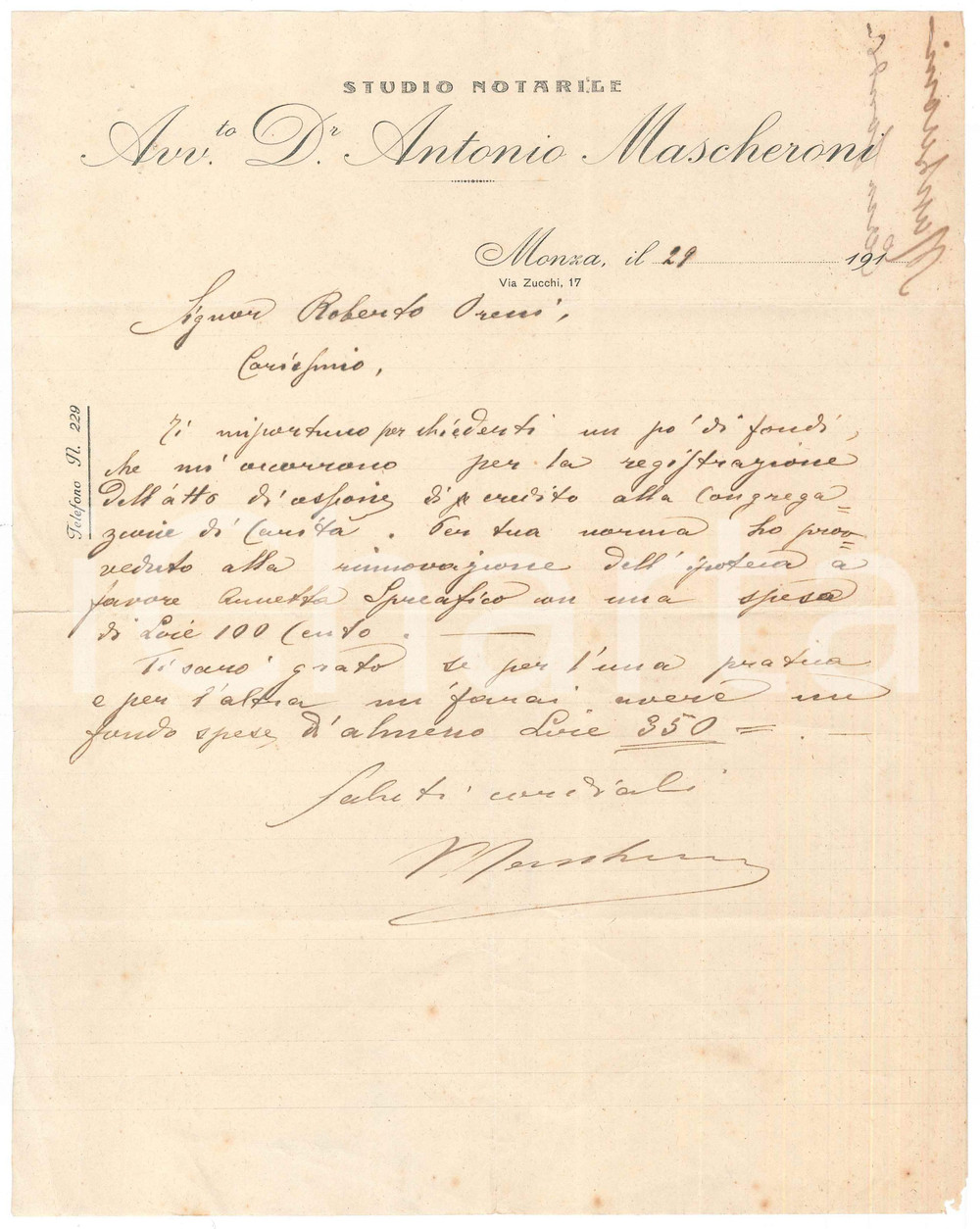 Documento originale, autentico 1910 ca MONZA Avv. Dr. Antonio MASCHERONI Studio Notarile  Lettera autografa 1
