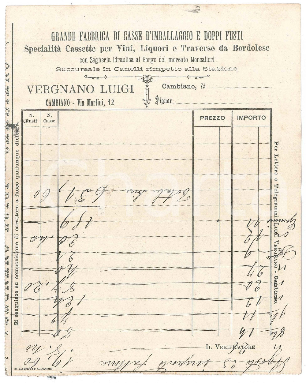 Documento originale, autentico 1895 ca CAMBIANO TO Luigi VERGNANO Casse da imballaggio e fusti  Modulo 1