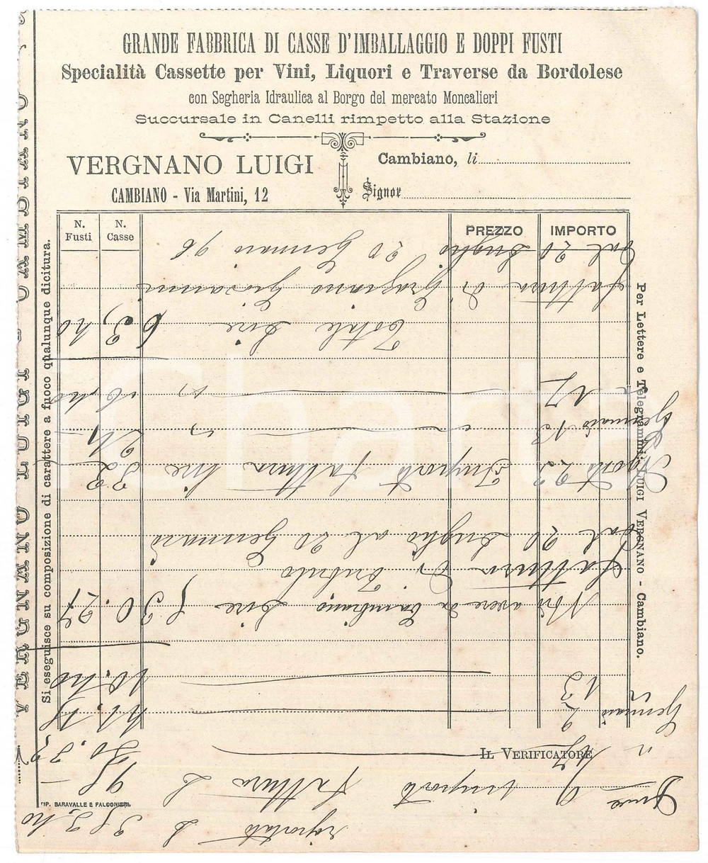Documento originale, autentico 1896 CAMBIANO TO Luigi VERGNANO Casse da imballaggio e fusti  Modulo 1