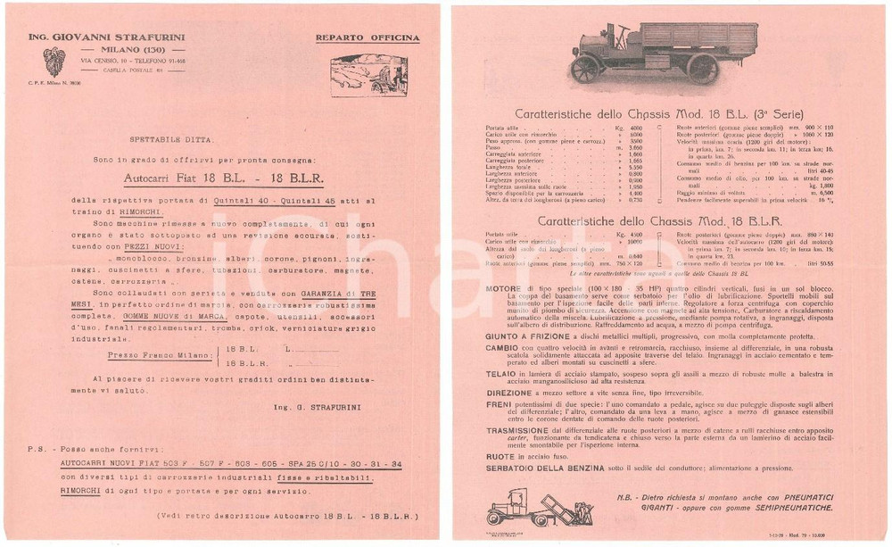 Materiale pubblicitario d’epoca 1928 MILANO Ing. G. STRAFURINI Autocarri FIAT 18 B.L. Opuscolo ILLUSTRATO 1