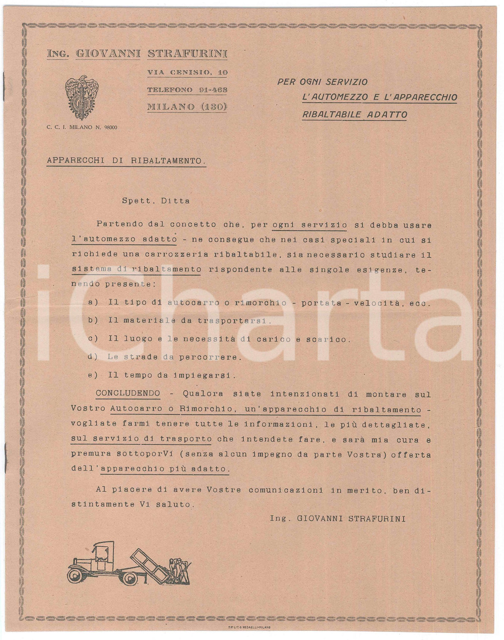 Materiale pubblicitario d’epoca 1928 MILANO Ing. G. STRAFURINI Automezzo ribaltabile FIAT Catalogo ILLUSTRATO 1