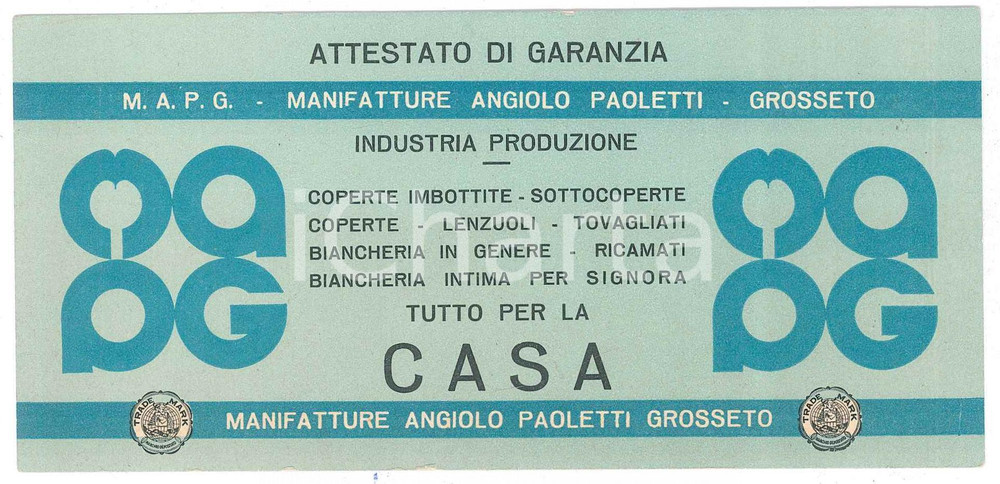 Oggetto da collezione cartaceo 1980 ca GROSSETO Manifatture Angiolo PAOLETTI  Attestato di garanzia 1