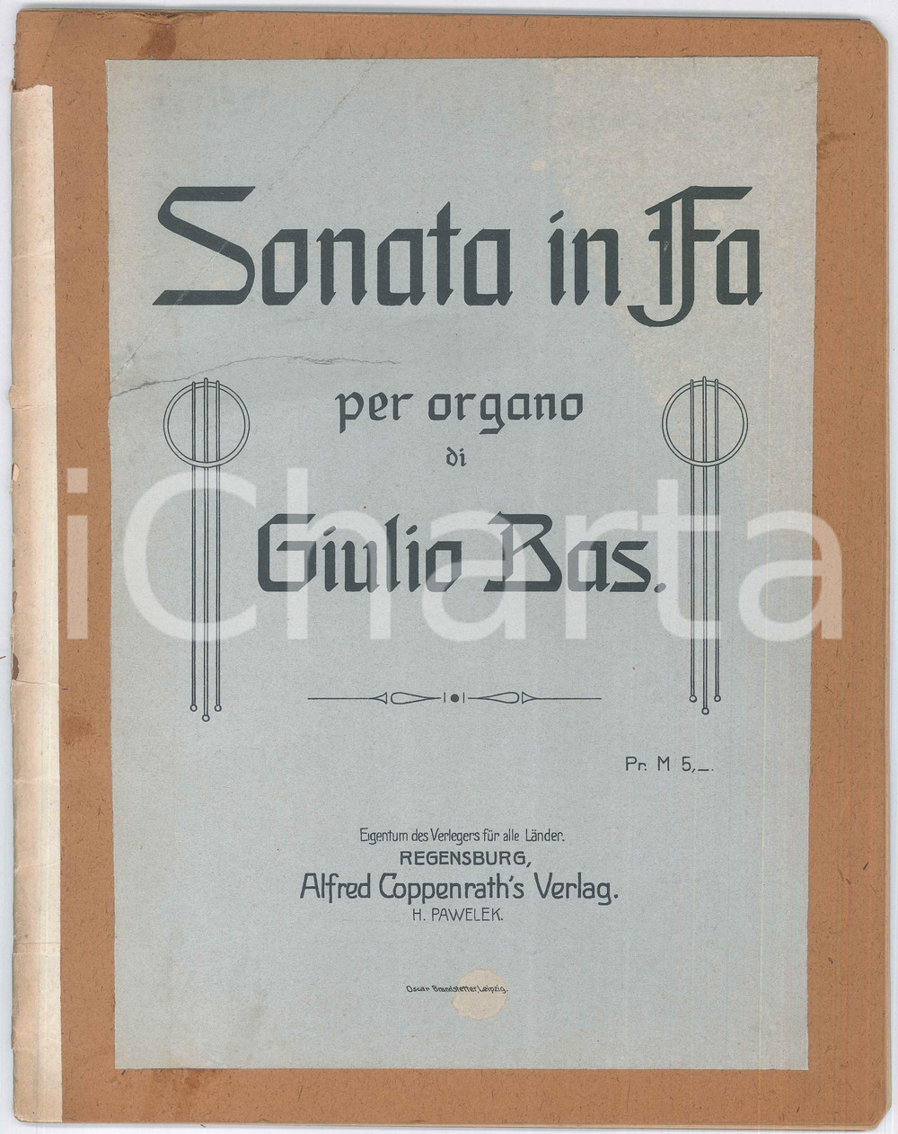 Oggetto da collezione cartaceo 1909 Giulio BAS Sonata in Fa per organo Spartito ed. Alfred COPPENRATH 1