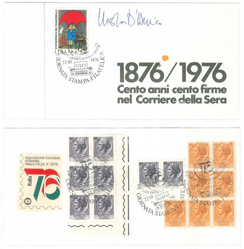 1976 MILANO CORRIERE DELLA SERA Nicola D'AMICO *Biglietto AUTOGRAFO Timbro FDC