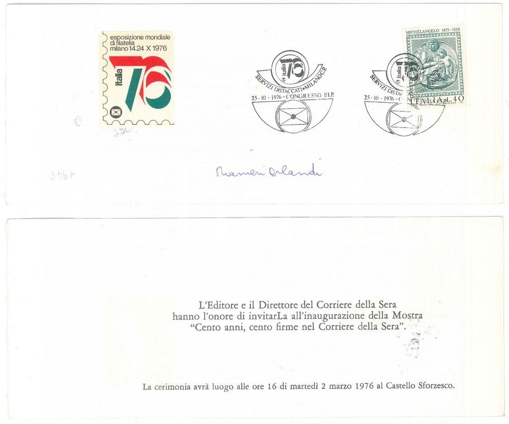 Autografo originale 1976 MILANO CORRIERE DELLA SERA Ranieri ORLANDI Biglietto AUTOGRAFO Timbro FDC 1