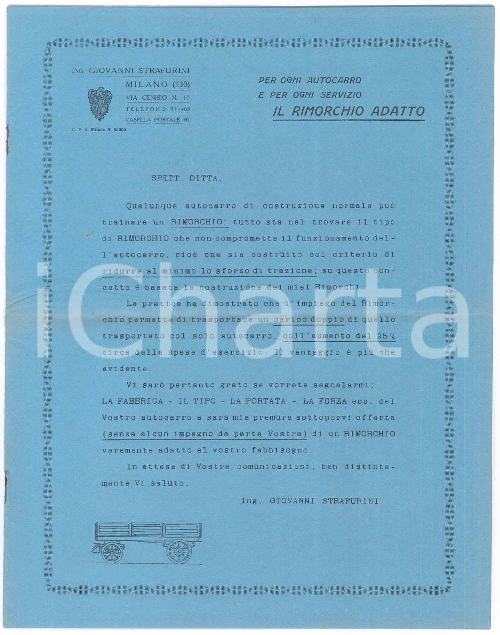 Materiale pubblicitario d’epoca 1929 MILANO Ing. G. STRAFURINI Catalogo rimorchi  Pubblicazione ILLUSTRATA 1