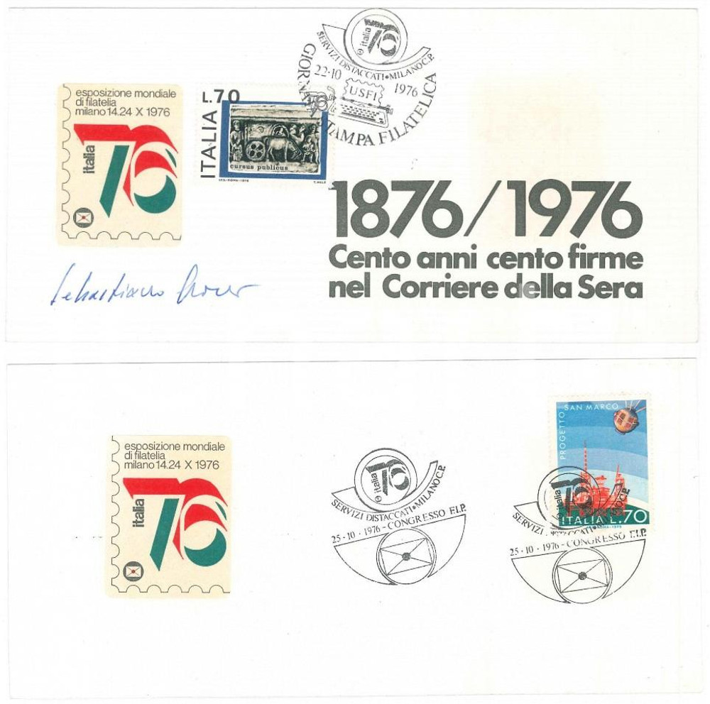 Autografo originale 1976 MILANO CORRIERE DELLA SERA Sebastiano GRASSO Biglietto AUTOGRAFO Timbro FDC 1