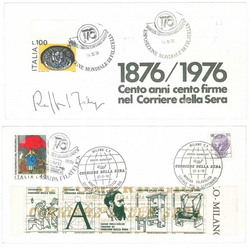 Autografo originale 1976 MILANO CORRIERE DELLA SERA Raffaele FIENGO Biglietto AUTOGRAFO Timbro FDC 1