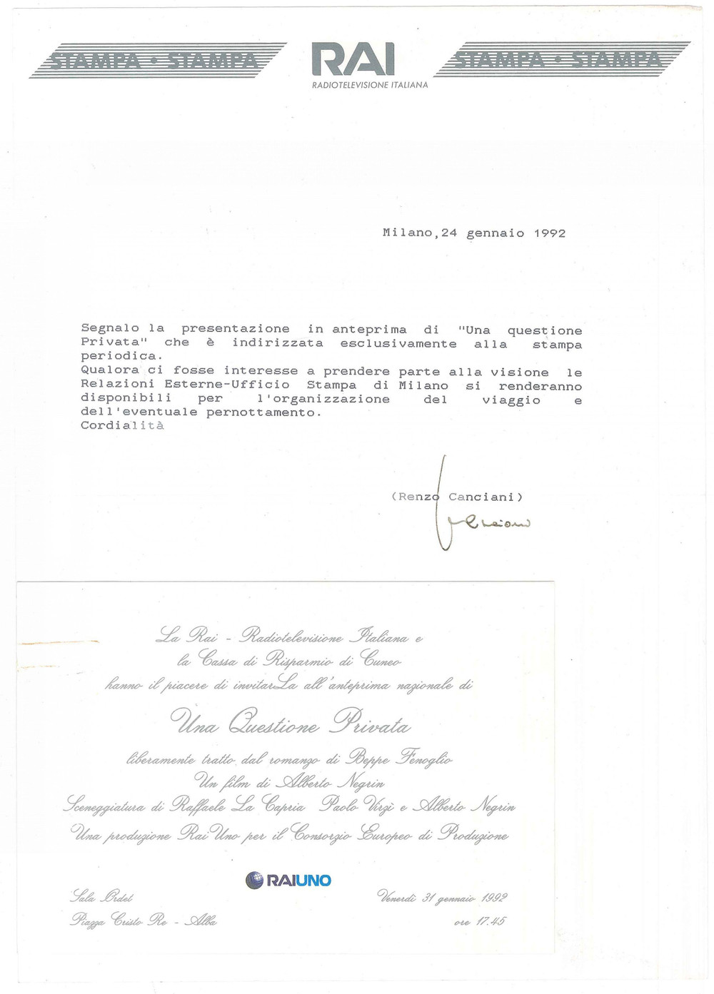 Documento originale, autentico 1992 RAI Renzo CANCIANI invita Roberto BRIGLIA anteprima UNA QUESTIONE PRIVATA 1