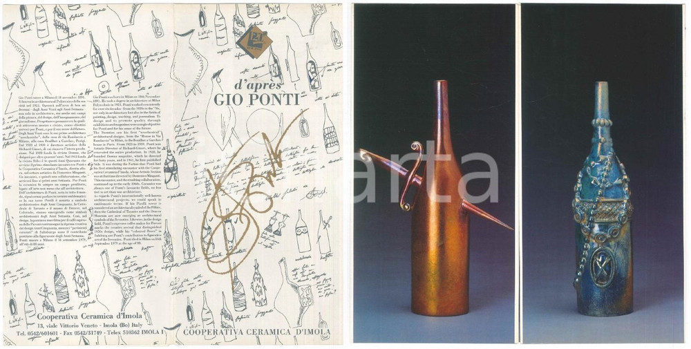 Materiale pubblicitario d’epoca 1994 IMOLA Cooperativa ceramica D APRÃˆS GIO PONTI Bottiglie abitate  Pieghevole 1