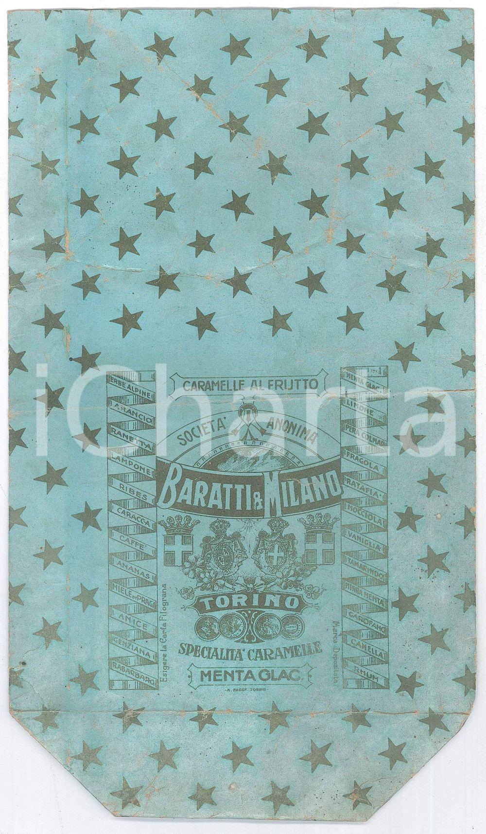 Materiale pubblicitario d’epoca 1930 ca TORINO SocietÃ  BARATTI E MILANO Sacchetto per caramelle 15x26 cm 1