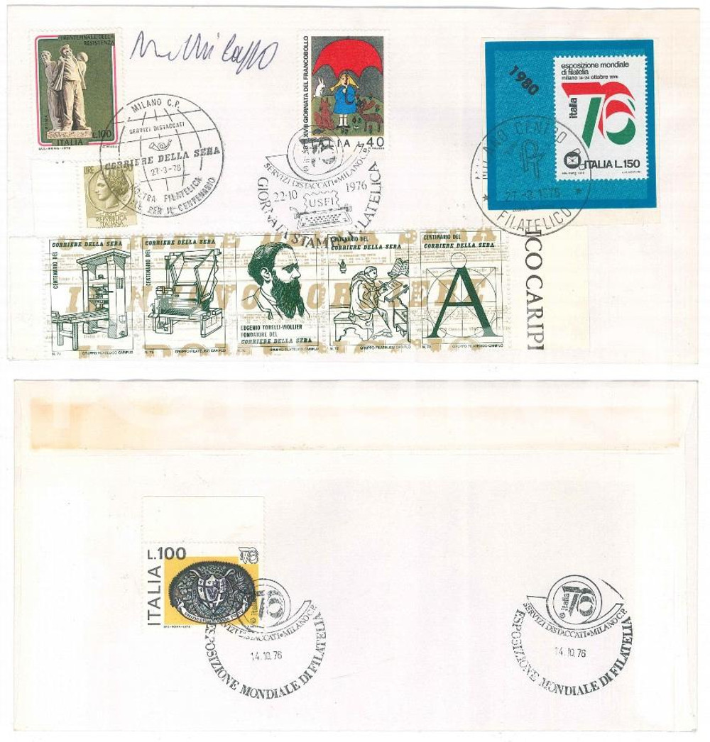 Autografo originale 1976 MILANO CORRIERE DELLA SERA Nino MILAZZO Biglietto AUTOGRAFO Timbro FDC 1