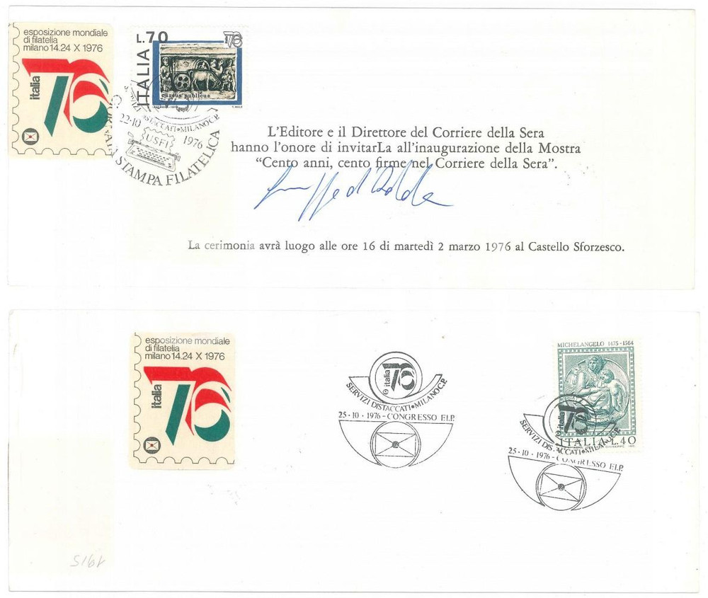 Autografo originale 1976 MILANO CORRIERE DELLA SERA Giuseppe D ADDA Biglietto AUTOGRAFO Timbro FDC 1