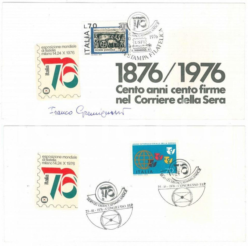 Autografo originale 1976 MILANO CORRIERE DELLA SERA Franco GREMIGNANI Biglietto AUTOGRAFO FDC 1