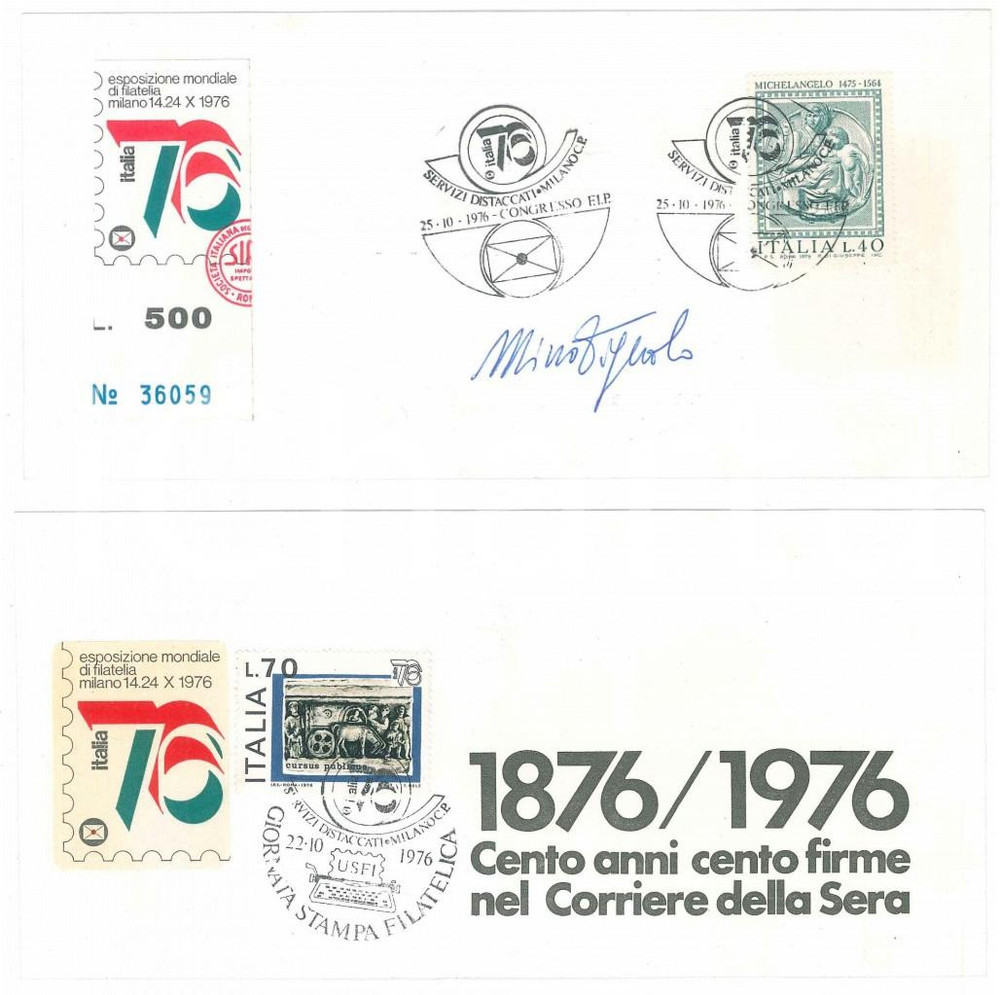 Autografo originale 1976 MILANO CORRIERE DELLA SERA Mino VIGNOLO Biglietto AUTOGRAFO Timbro FDC 1