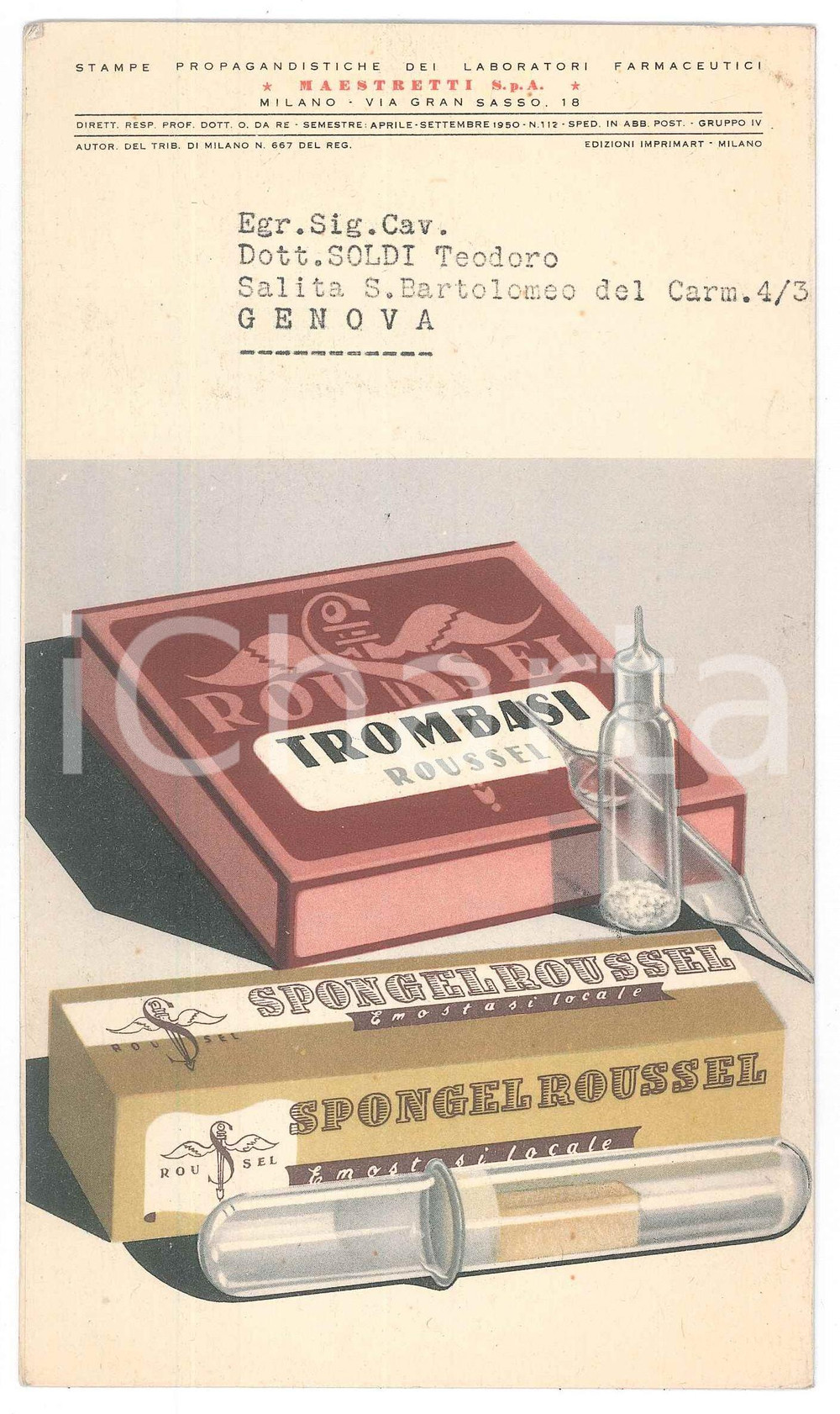 Materiale pubblicitario d’epoca 1950 FARMACEUTICA MILANO  Laboratori MAESTRETTI  TROMBASI/SPONGEL PubblicitÃ  1