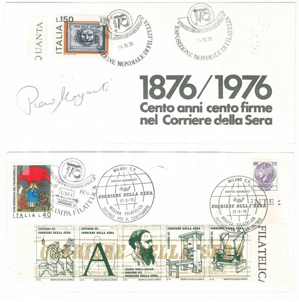 Autografo originale 1976 MILANO CORRIERE DELLA SERA Piero MORGANTI Biglietto AUTOGRAFO Timbro FDC 1