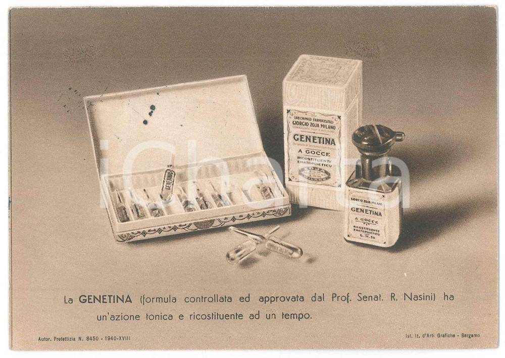 Materiale pubblicitario d’epoca 1940 MILANO FARMACEUTICA Giorgio ZOJA  Biglietto GENETINA Serie giottesca 1