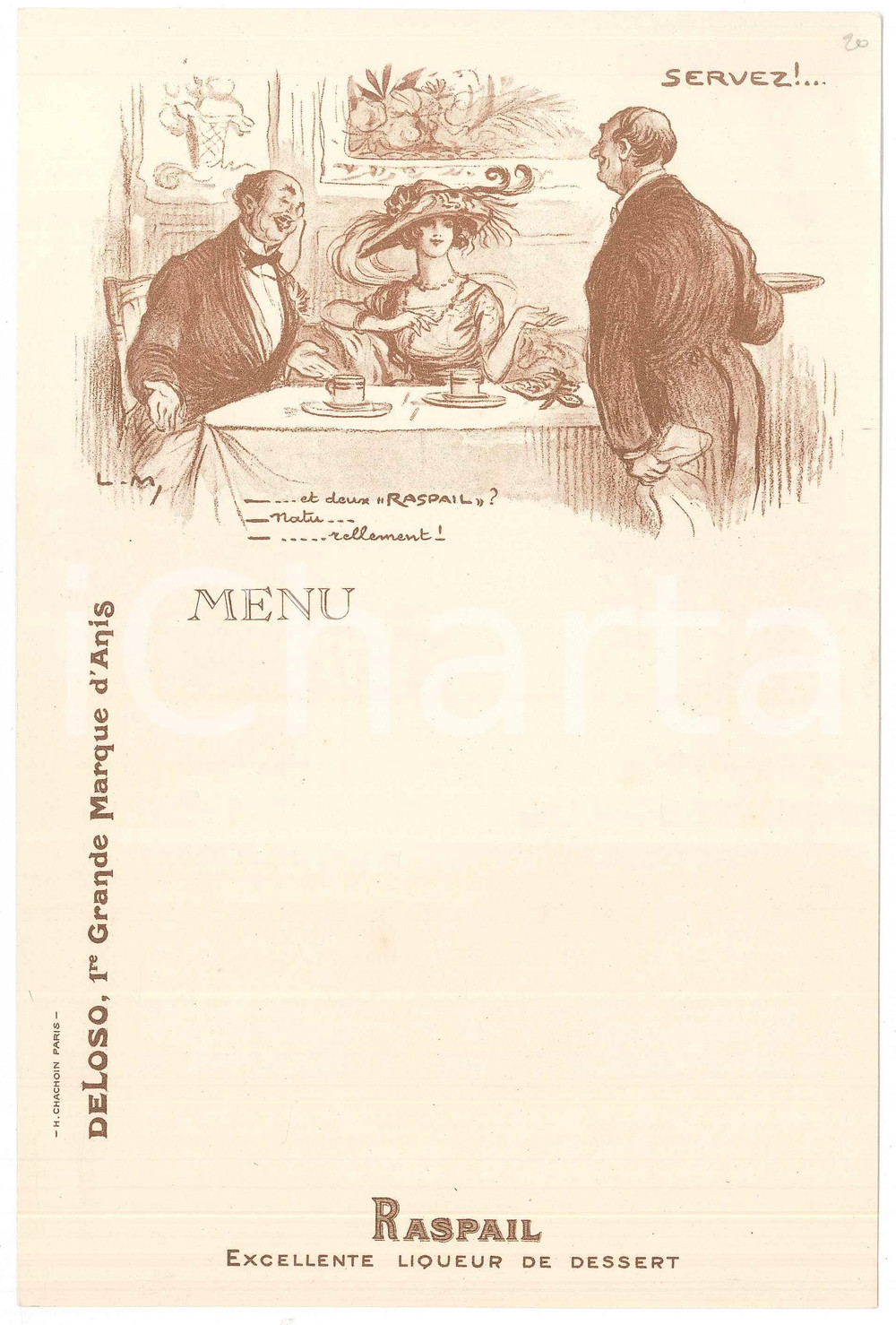 Oggetto da collezione cartaceo 1915 ca FRANCE Anis DELOSO  Liqueur dessert RASPAIL  MenÃ¹ pubblicitario 1