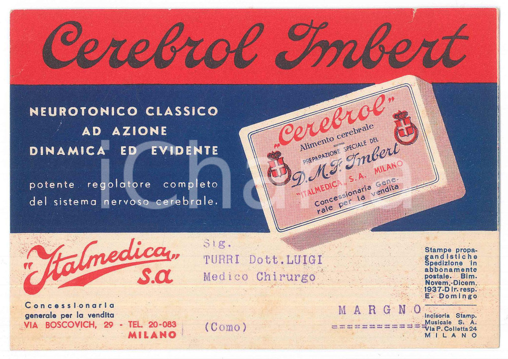 Materiale pubblicitario d’epoca 1937 FARMACEUTICA MILANO  ITALMEDICA  CEREBROL Neurotonico IMBERT PubblicitÃ  1