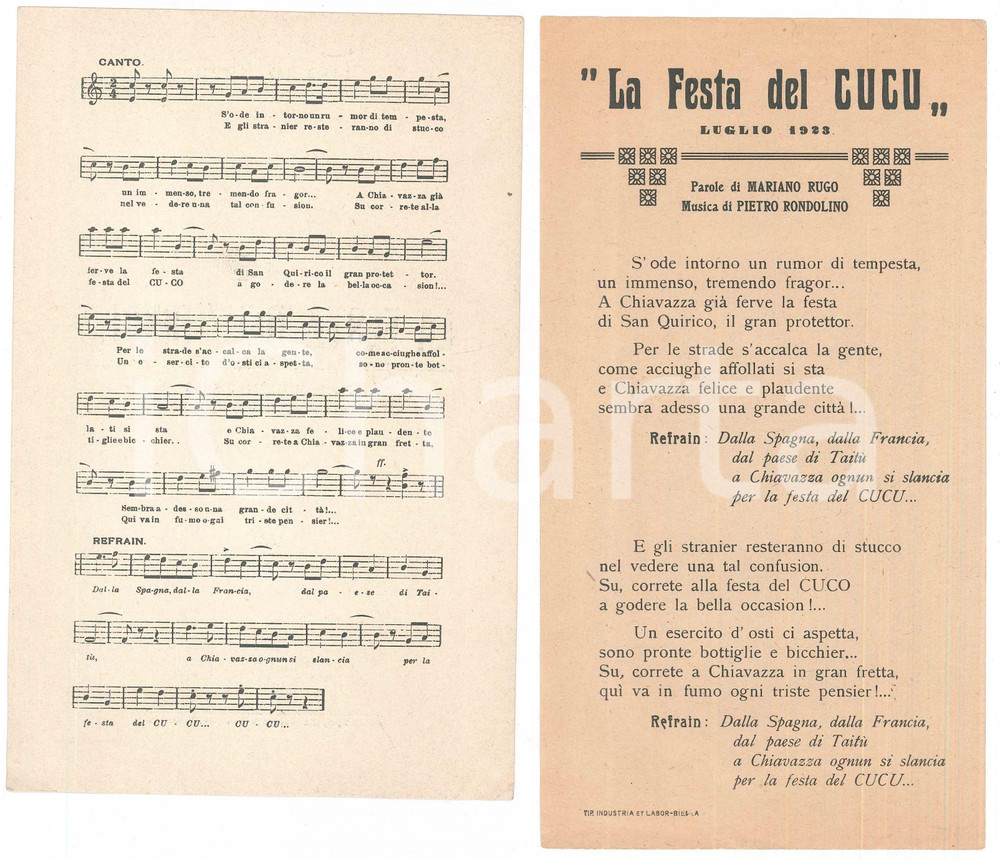 Oggetto da collezione cartaceo 1923 BIELLA CHIAVAZZA La festa del Cucu  Volantini con spartito 1