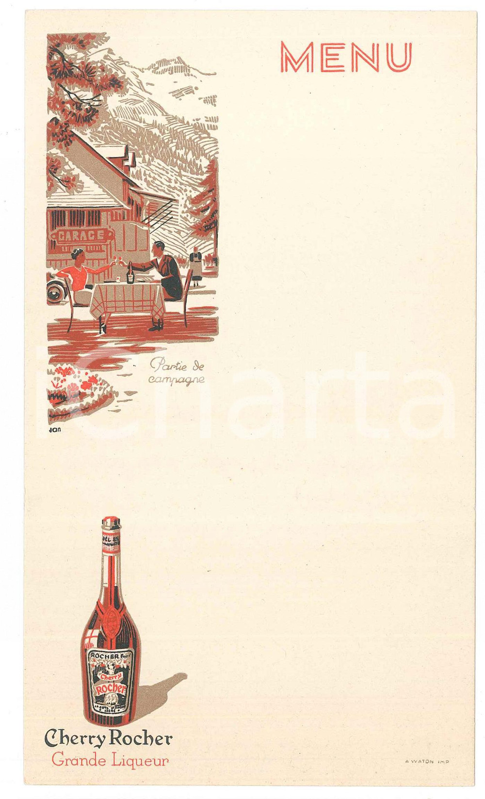 Oggetto da collezione cartaceo 1925 ca FRANCE  CHERRY ROCHER Grande Liqueur  MenÃ¹ Partie de campagne 1