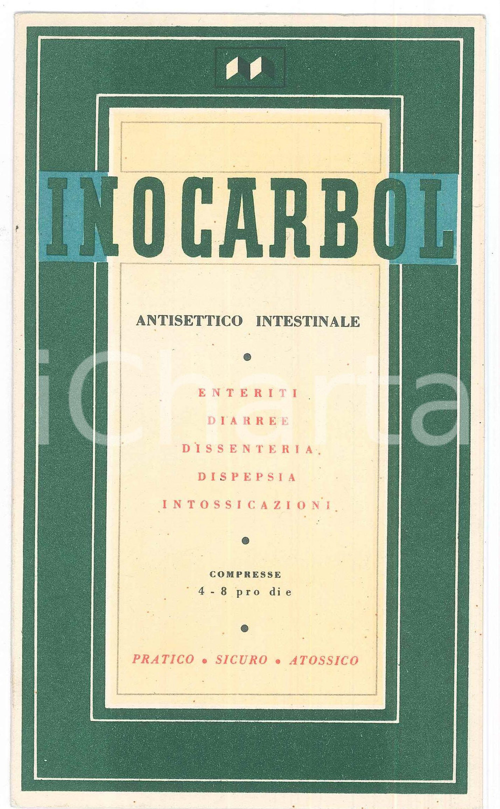 Materiale pubblicitario d’epoca 1952 FARMACEUTICA MILANO Laboratori MAESTRETTI PubblicitÃ  INOCARBOL antisettico 1