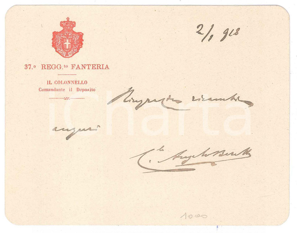 1918 WW1 37 °Regg. Fanteria - Comandante Angelo BERETTA *Biglietto AUTOGRAFO