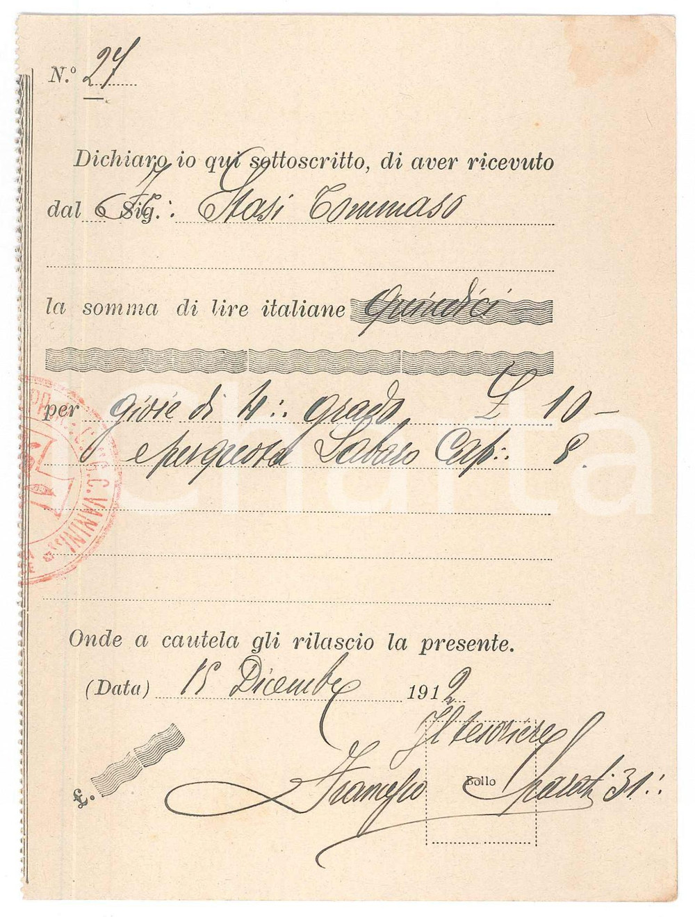 Documento originale, autentico 1912 ROMA MASSONERIA Ricevuta a Tommaso STASI per gioie grado IV 1