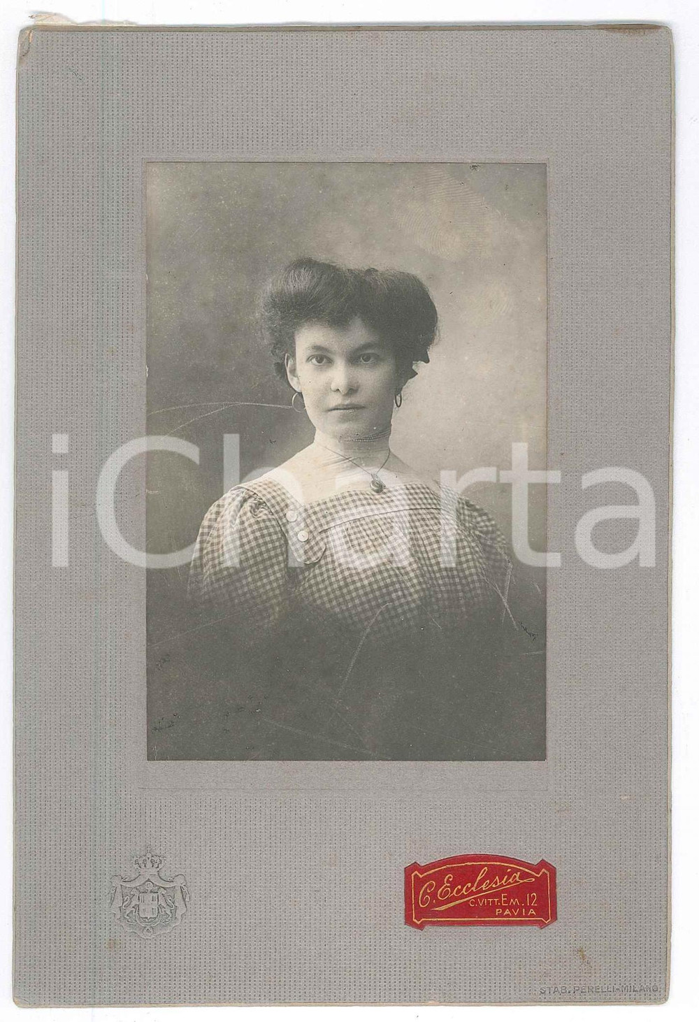 Fotografia d epoca originale 1910 ca PAVIA Giovane donna in abito a quadretti  Foto Clotilde ECCLESIA 11x17 1