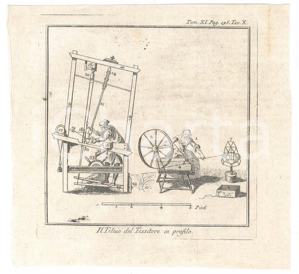 Stampa, bozzetto originale 1767 ? LO SPETTACOLO DELLA NATURA  Il telaio del tessitore in profilo Stampa 1
