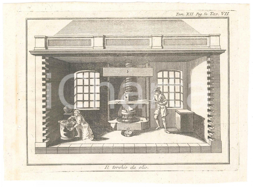 Stampa, bozzetto originale 1800 ca LO SPETTACOLO DELLA NATURA  Il torchio da olio Tav. VII tomo XII 1