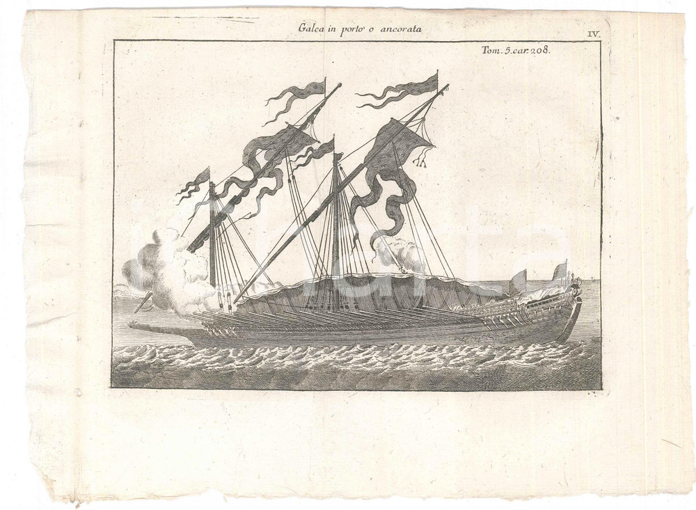 Stampa, bozzetto originale 1800 ca LO SPETTACOLO DELLA NATURA  Navi  Galea in porto o ancorata Stampa 1