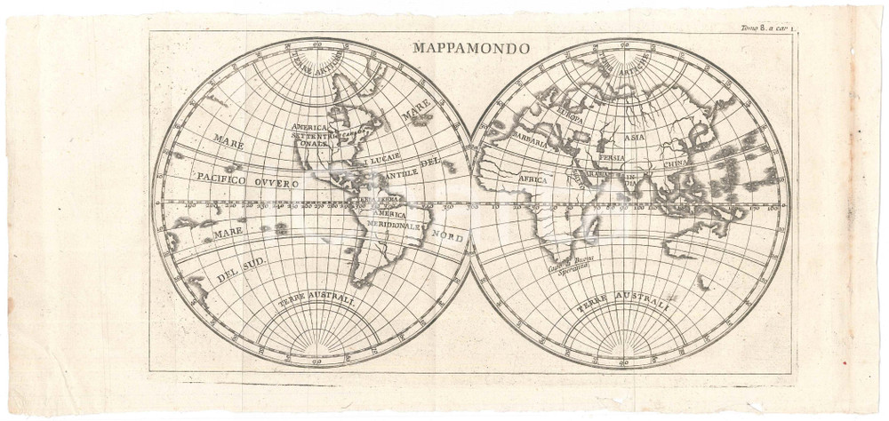 Stampa, bozzetto originale 1767 LO SPETTACOLO DELLA NATURA  Mappamondo Stampa tomo 8 35x17 cm 1
