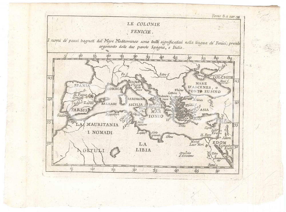 Stampa, bozzetto originale 1767 LO SPETTACOLO DELLA NATURA  Le colonie fenicie  Stampa tomo 8 1