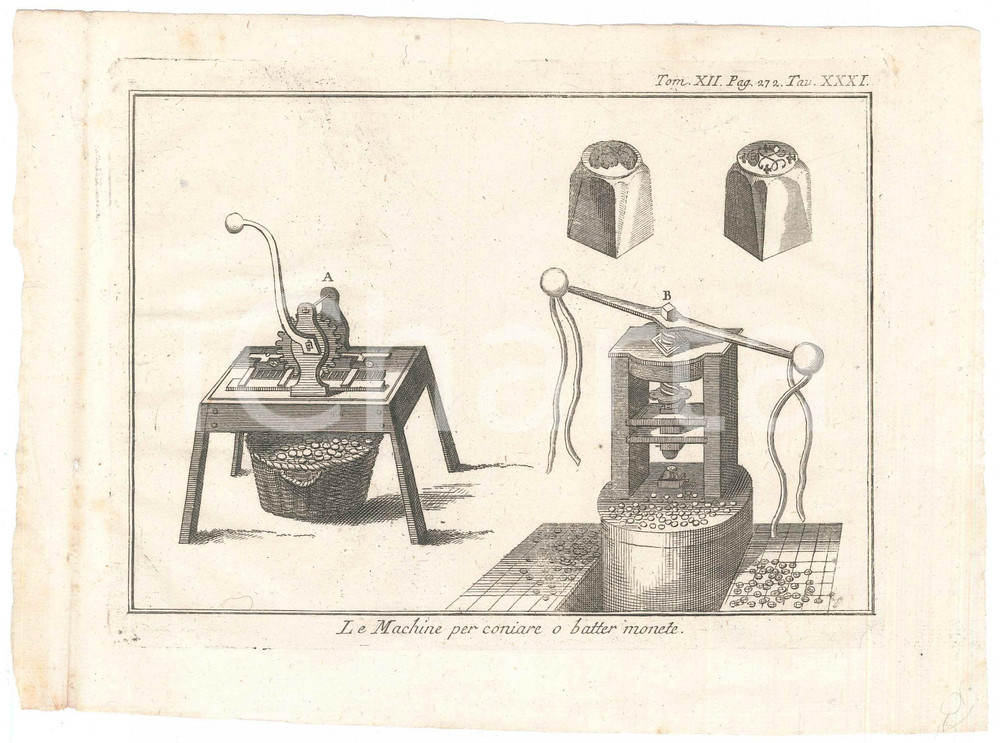 Stampa, bozzetto originale 1800 ca LO SPETTACOLO DELLA NATURA  Machine per coniare o batter monete Stampa 1