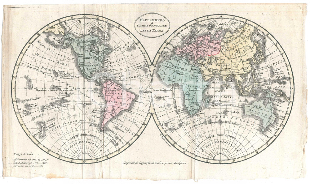 Stampa, bozzetto originale 1810 W. GUTHRIE Compendio di geografia universale  Mappamondo Tavola a colorI 1