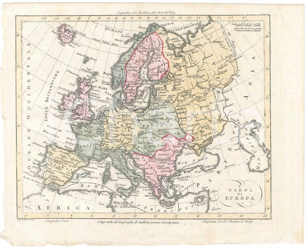 Stampa, bozzetto originale 1810 W. GUTHRIE Compendio di geografia  Carta di Europa  Tavola 1