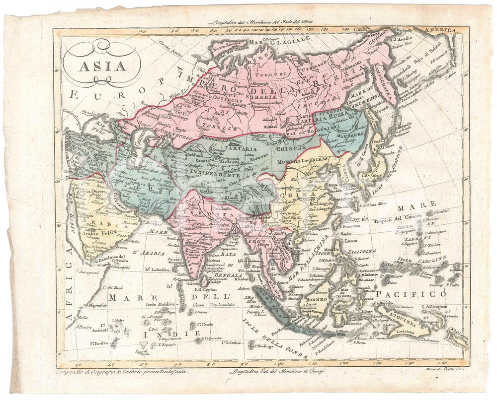 Stampa, bozzetto originale 1810 W. GUTHRIE Compendio di geografia universale  Asia  Tavola a colori 1