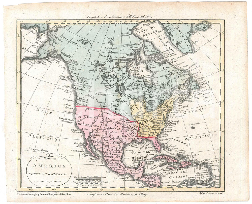 Stampa, bozzetto originale 1810 W. GUTHRIE Compendio di geografia  America settentrionale Tavola a colori 1