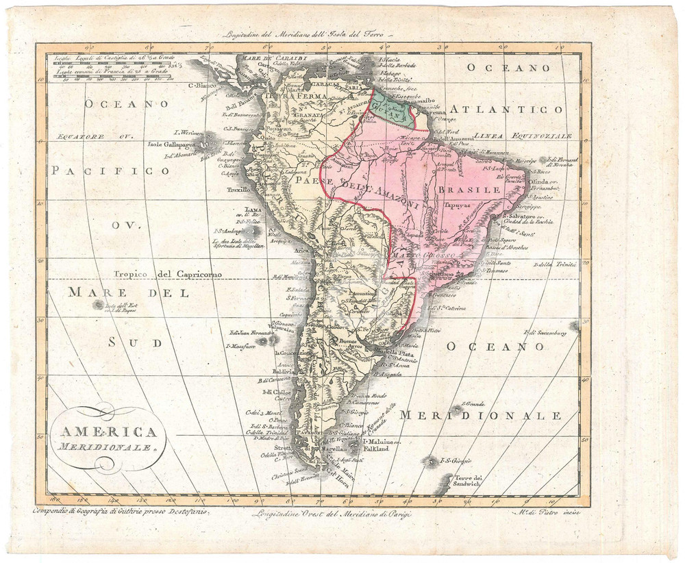 Stampa, bozzetto originale 1810 W. GUTHRIE Compendio di geografia  America meridionale Tavola a colori 1