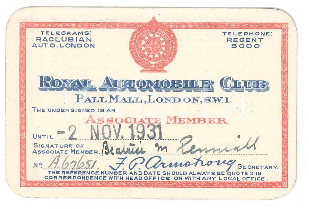 Oggetto da collezione cartaceo 1931 LONDON Royal Automobile Club  Associate member card 1