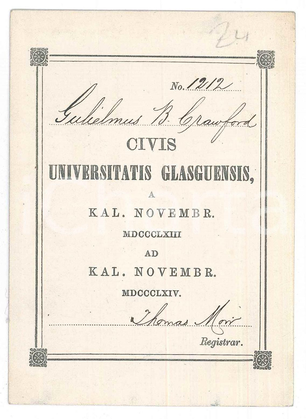 Oggetto da collezione cartaceo 1864 SCOTLAND  University of GLASGOW  Tessera William B. CRAWFORD 1