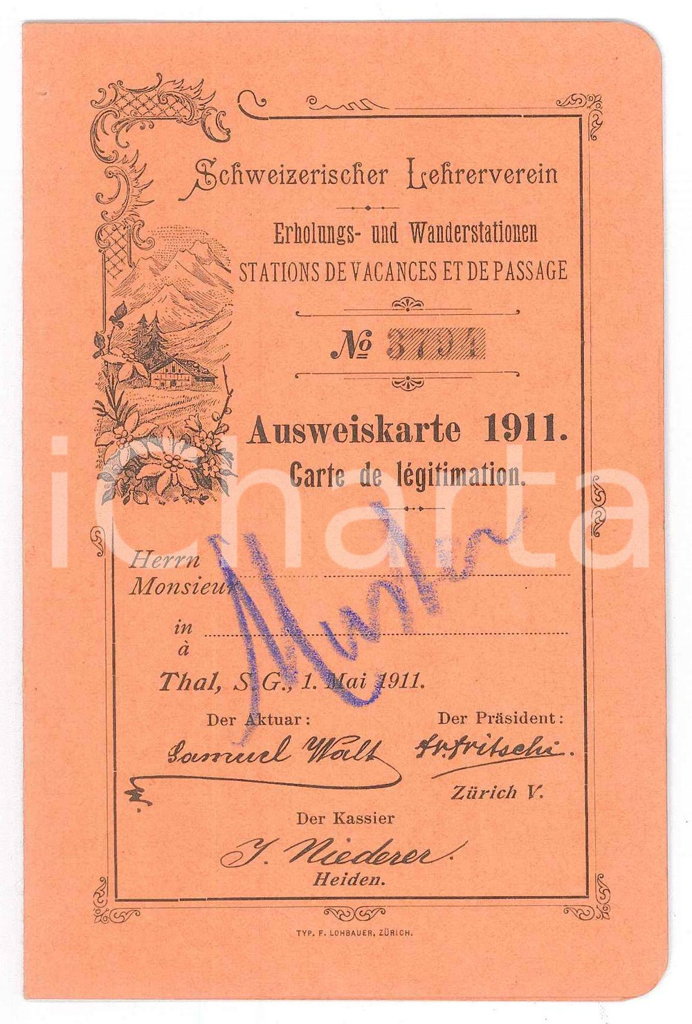 Oggetto da collezione cartaceo 1911 THAL  Schweizerischer Lehrerverein  Ausweikarte / Carte de lÃ©gitimation 1